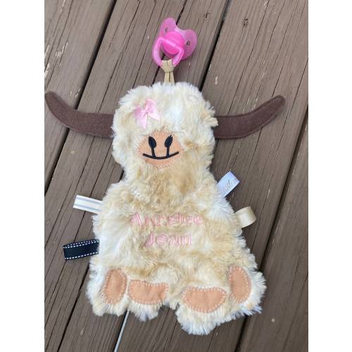 Highland Cow with bow Pacifier Holder: Personalized Baby Lovey Gift