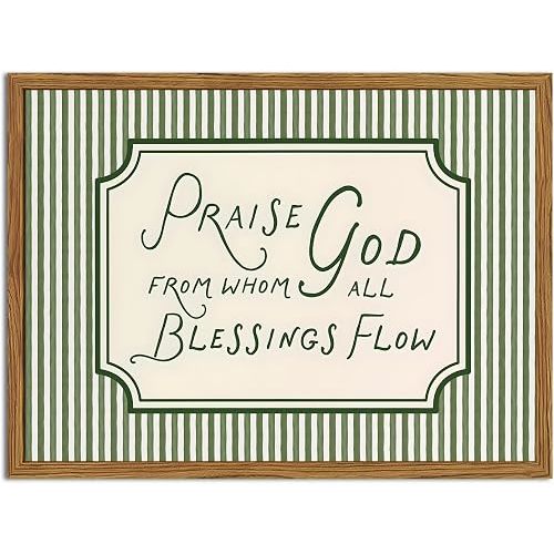 Framed Christian Scripture Wall Art, Bible Verse Pictures Wall Decor, Sage Green Striped Praise God From Whom All Blessings Flow Paintings Canvas Prints Religious Home Decor for Living Room 12x16 inch