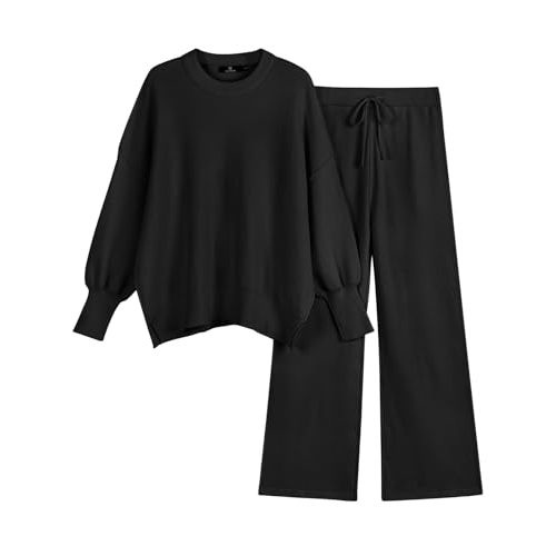 LILLUSORY Women 2 Piece Outfits Sweatsuit Oversized Knit Pullover Sweater Tops Wide Leg Pants Lounge Set