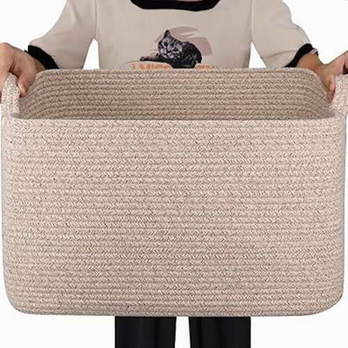 65L Large Storage Basket, Cotton Rope Woven Blanket Basket, Toy Storage for Baby Room, Living Room, Brown