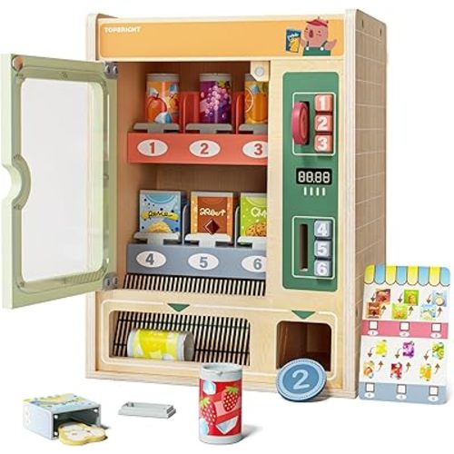 TOP BRIGHT Wooden Vending Machine Play Set, Play Food for Kids，Pretend Play Toys with Wooden Snack Bars and Drink Cans, Montessori Toys for Boys Girls Capybara Gift Age 3+ (Vending Machine)