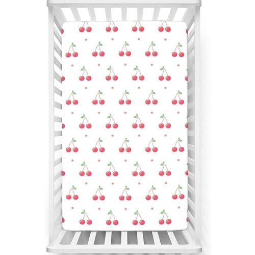Cherry Themed Fitted Crib Sheet,Standard Crib Mattress Fitted Sheet Soft & Stretchy Fitted Crib Sheet - Great for Boy or Girl Room or Nursery,28“ x52“,Dark Coral Green and White