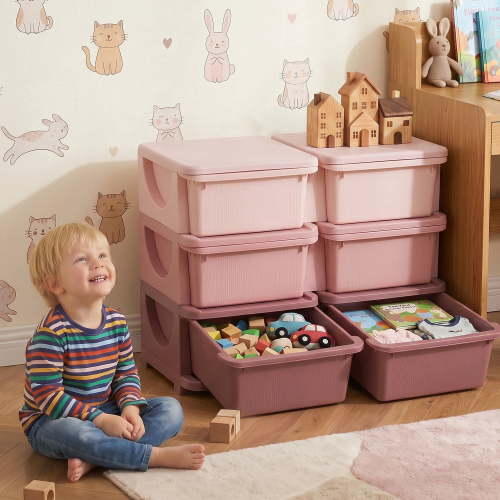 Qaba Kids Storage Organizer, 3 Tier Toy Storage Unit with 6 Removable Bins, Plastic Drawer Chest for Bedroom Nursery Playroom Living Room, Polypropylene, Pink