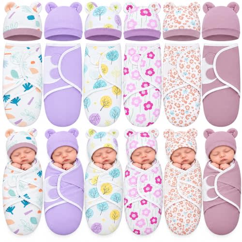 Ramede 6 Pack Baby Swaddle Blankets with Hats,Tree,Purple | Soft Cotton Wrap for Newborn Boys 0-3 Months, Adjustable Breathable Sleep Sack Set, Skin-comfortable Receiving Blanket