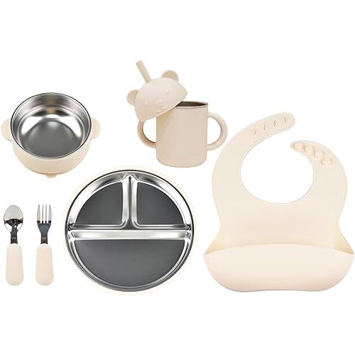 Stainless Steel Baby Feeding Set (6-Piece) – Suction Plate & Bowl, Straw Cup, Spoon, Fork & Bib – Non-Toxic, BPA-Free, Durable Set for Starting Solids (6+ Months), Essentials for Babies & Toddlers