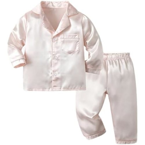 Boys Girls Satin 𝐏ajamas Long Sleeve 𝗦ilk 𝐏a𝐣ama Set for Kids Toddler Button Down Shirts and Pants Solid Sl𝐞epwear
