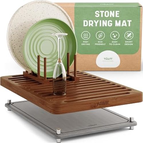 NIUM Stone Drying Mat for Kitchen Counter & Bamboo Rack - 16″x12″