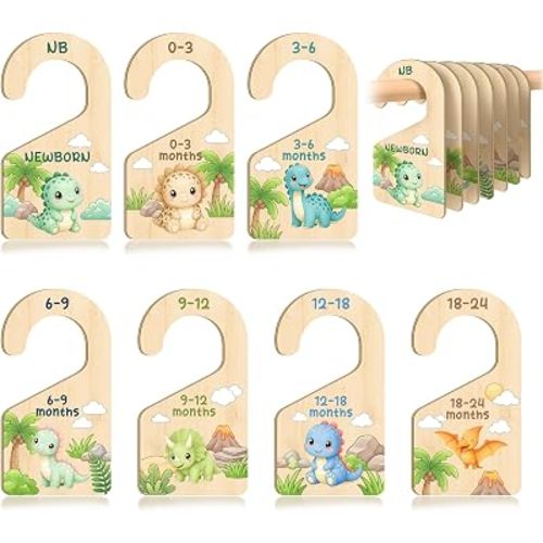 7 PCS Dinosaur Closet Dividers for Baby Clothes, Wooden Dino Nursery Wardrobe Organizer with Double-Sided Size Labels for Newborn to 24 Months, Prehistoric Baby Room Decor