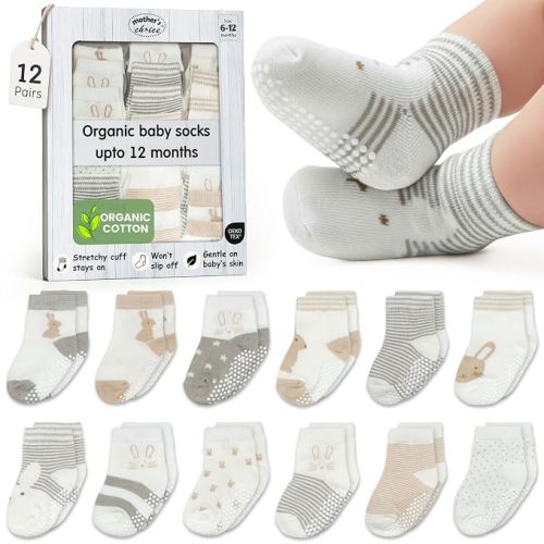 Organic Cotton Blend 12 Sock Shoes for Babies 0-6 M Gift Registry | Oeko-Tex Certified, Ankle Socks, 12 Pairs, Sock Shoes For Baby Girl, Newborn Baby Socks, Brown,Gray,White, Unisex Design,