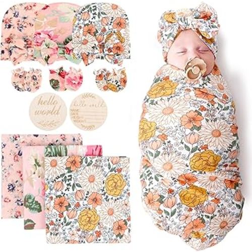 DRESHOW BQUBO Floral Swaddles for Baby Girl Newborn Receiving Blanket with Bow Hat Mittens Wooden Birth Announcement Card Set Baby Floral Print Swaddle Nursery Swaddle Wrap