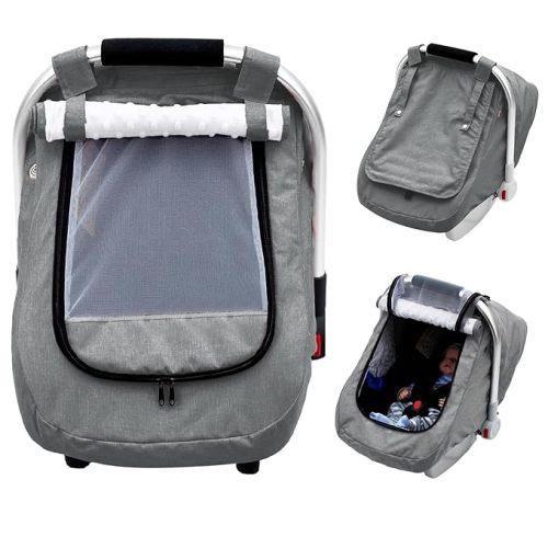Carseat Covers Baby Boy, Waterproof Baby Car Seat Cover with 2 Layers Mesh & Sun Shade Window, Outdoor Infant Car Seat Canopy with Breathable Vents for Summer, Ideal Gift for Mom, Newborn Essentials