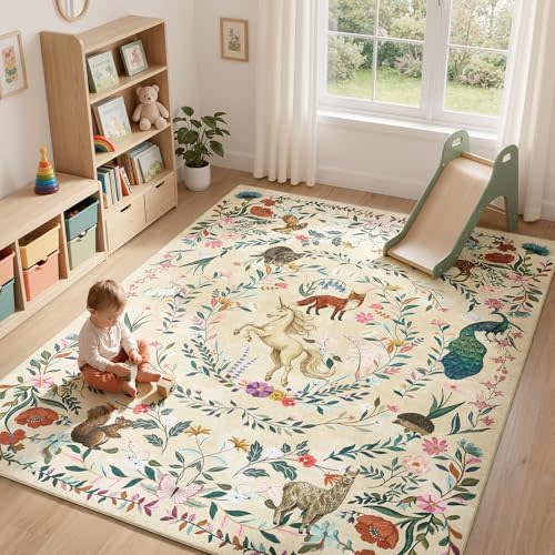 jinchan 8x10 Kids Playroom Rug Washable Woodland Whimsical Unicorn, Cream | Soft and Comfy, Non-Slip, Cute, Nursery, Woodland Animals, Floral Storybook Design, Boys' and Girls' Bedroom, Warm Cream