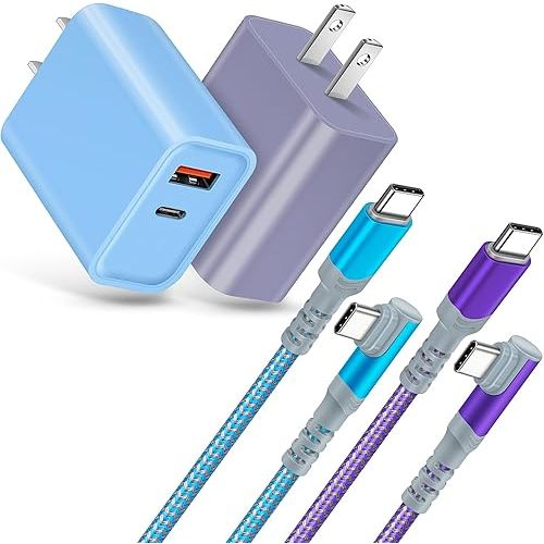 Fast Charging Wall Charger with Right-Angle USB C Cable 10FT, 2-Pack 20W USB C Power Adapter Dual Port Fast Charger Block+3A C to C Cable Fit for iPhone 16/15,Samsung Galaxy S25 Ultra S24 S23 S10