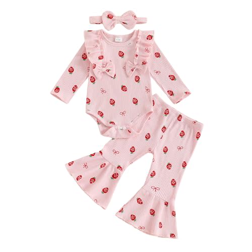Amnnchya Newborn Baby Girl Clothes Strawberry Ribbed Romper Tops Bow Bell Bottoms Pants Fall Winter Coming Home Outfit Set