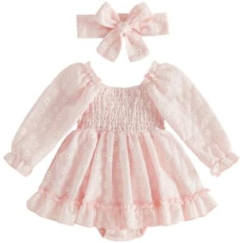 SAYOO Infant Baby Girl Linen Romper Smocked Bubble Bodysuit Frill Trim Ruffle One-Piece Jumpsuit Casual Cute Summer Clothes
