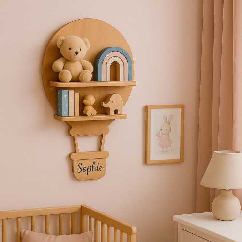 Charming balloon shaped shelf, Baby safe wood floating shelf, Boho furniture with custom name, Personalized 1st birthday gift, Nursery decor