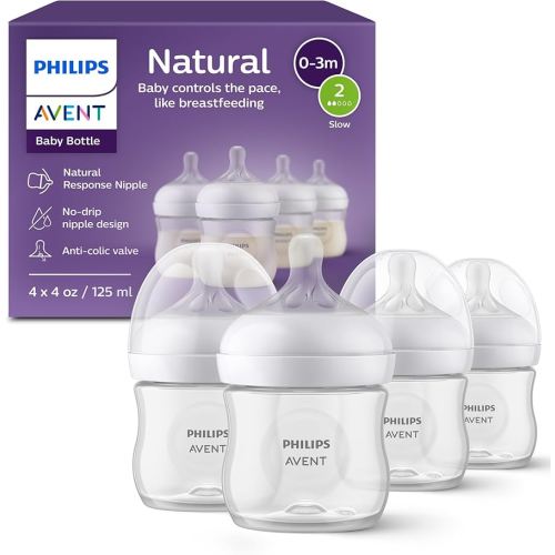 Philips Avent Natural Bottles (Slow Flow, Flow 2), 4oz, 4-Pack