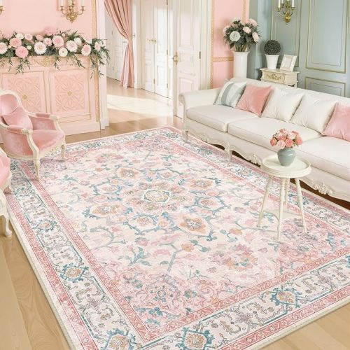 Machine Washable Rugs Nursery Rug 6x9 Cute Girl Non Slip Low Pile Water Repellent Soft Print Pattern for Bedroom Indoor Decor Kids Playroom Pinkteal