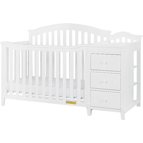 Pemberly Row 4-in-1 Convertible Crib & Changer, Solid Pine Wood, White Finish, Arched Headboard, 3-Level Mattress Adjustments, Includes Changing Pad, Space-Saving Baby Station with Drawers & Shelves