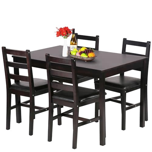 FDW | 5-Piece Solid Wood Dining Table Set for 4 | Pine Kitchen Table with Upholstered Chairs | Space-Saving Design | Smooth Easy-to-Clean Surface | Brown | for Dining Room, Apartment, Restaurant
