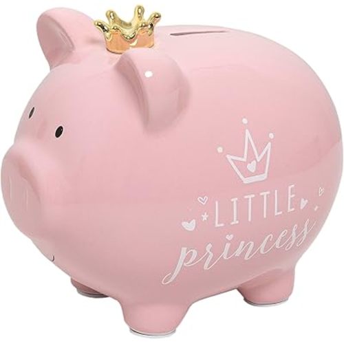 Kate & Milo Little Princess Piggy Bank with Crown, Newborn Keepsake Gift, Ceramic Money Bank for Kids, Baby Girl Nursery Décor, Pink