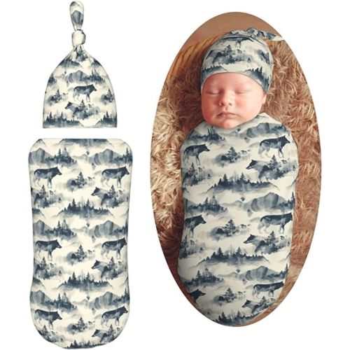 Wolf and Mountain Newborn Swaddle Blankets Hat Sets Soft Baby Receiving Blanket Swaddle Sack for Baby Shower Infant Boy Girl Gift