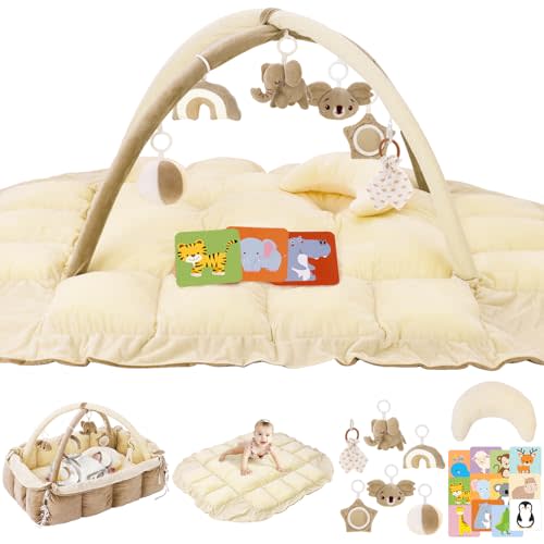 5-in-1 Plush Baby Play Gym, Baby Play Mats, Convertible Baby Gym with Pillow, Tummy time mat, 6 Sensory Toys, Baby Activity Center from Newborn to Toddler, Rectangular Dark Cream