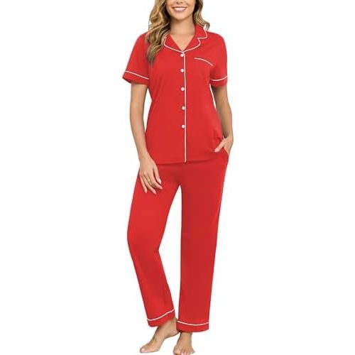 Veseacky 100% Cotton Pajamas for Women Set Short Sleeve Button Down Sleepwear Soft 2 Piece Summer Pjs Lounge Sets S-XXL