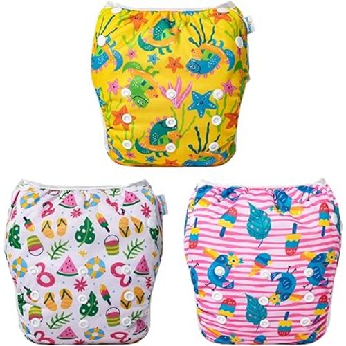 Babygoal Baby Girl Swim Diapers 3 Pack for 8M-3T Babies and Toddlers, Reusable Adjustable Washable for Swimming Lessons-Bird,Snake,Dinosaur