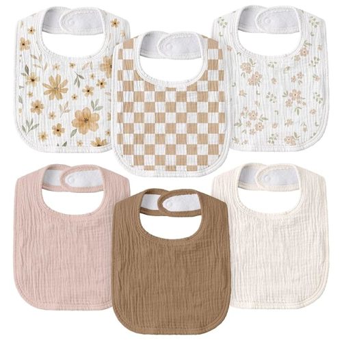 GLLQUEN BABY Muslin Drool Bibs for Boys Girls 6 Pack, Adjustable Baby Bibs for Drooling and Teething, Soft Cotton Baby Bandana Bib for Newborn Feeding Essentials (Autumn Flora)