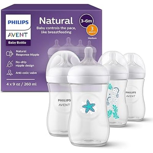Philips Avent Natural Baby Bottles with Natural Response Nipples (Medium Flow, Flow 3), with Seahorse and Starfish Design, 9oz, 4-Pack, SCY903/68
