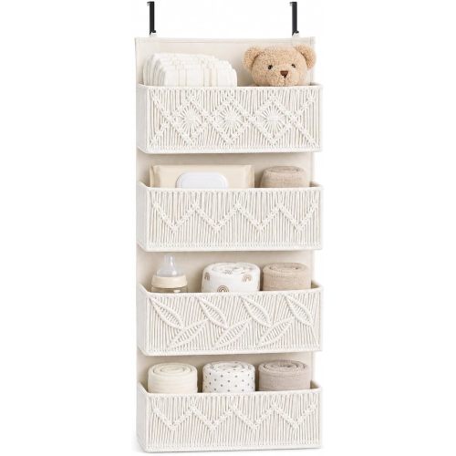 Macrame Over the Door Organizer, Boho Nursery Door Organizer with 4 Large Hanging Pockets, Over Door Baby Organizer for Diapers, Wipes, Bathroom, Bedroom