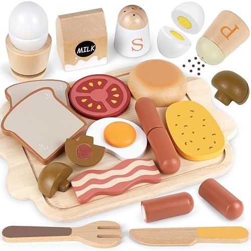 Airlab Play Food for Toddler 3-5 Pretend Play Toy Kids Kitchen Accessories Breakfast Playset Wood Educational Toys Girl Boy Birthday Gift Age 3 4 5 6 Year Old