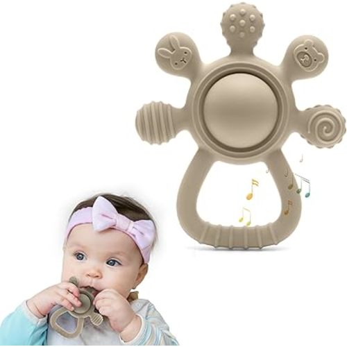 Silicone Rattle Teether for Babies – Soft BPA-Free Teething Toy & Sensory Rattle – 100% Food Grade Silicone, CPC Certified – Soothing Relief for Infants & Toddlers (Rudder - Beige)