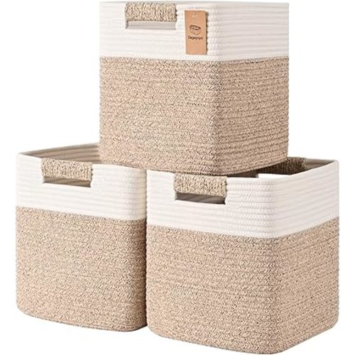 11 Inch Storage Cubes, 3 Pack Cube Storage Bins for Organizing, Cotton Rope Woven Baskets for Shelves, Bathroom, Kids Room, Closets, Baby Nursery