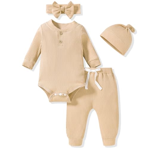 Aalizzwell Gender Neutral Long Sleeve Baby Ribbed Outfit with Hat & Headband