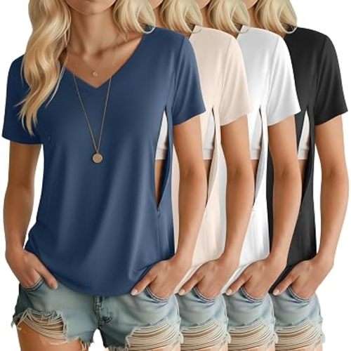 4 Pack Women's Nursing Maternity Shirts | Breastfeeding Clothes, with Hidden Zipper, V Neck, Short Sleeve, Loose Fit