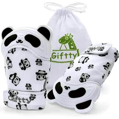 Giftty Baby Teething Mitten Panda Hand Teether Soothing Glove Wearable Teething Toy with Crinkle Sound, Multi Textured for Infants 3-12M (1 Pair)