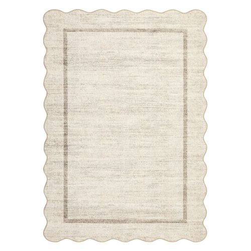 9'x12' Scalloped Washable Bordered Living Room Bedroom Rug, Ultra Thin Non Slip Indoor Farmhouse Carpet for Dining Room, Beige