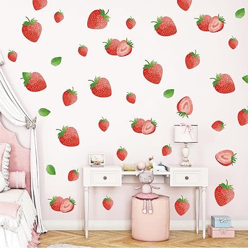 Strawberry Wall Decals - 8 Sheets 64 Pcs Removable Red Strawberry Wall Stickers Peel and Stick Fruit Wall Décor for Girls Bedroom Dorm Nursery Kitchen Bathroom