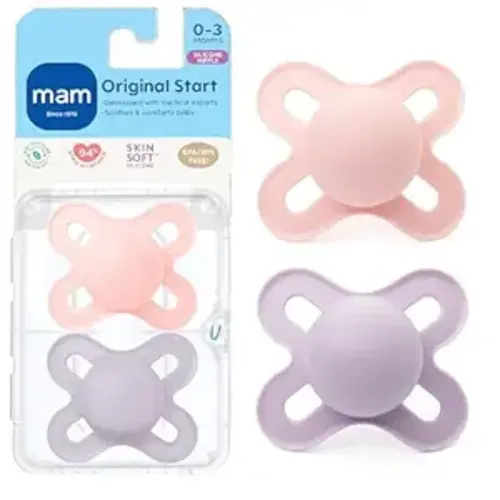 MAM Original Start Baby Pacifiers 0-3 Mths Skin Soft Silicone, 2 Pack
