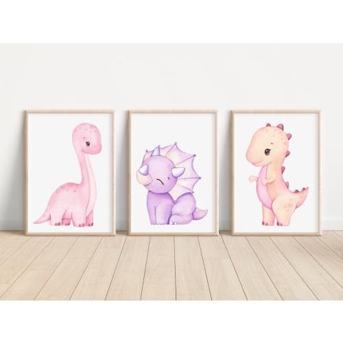 Dinosaur Baby Girl Nursery Decor Set of 3 Watercolor Dinosaur Art Prints Dinosaur Wall Art Prints Dinosaur Nursery Art Dinosaur for Kid Room
