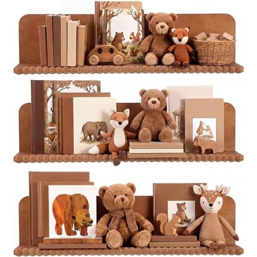 Novabright Nursery Book Shelves for Wall Set of 3 Floating Shelves,Brown