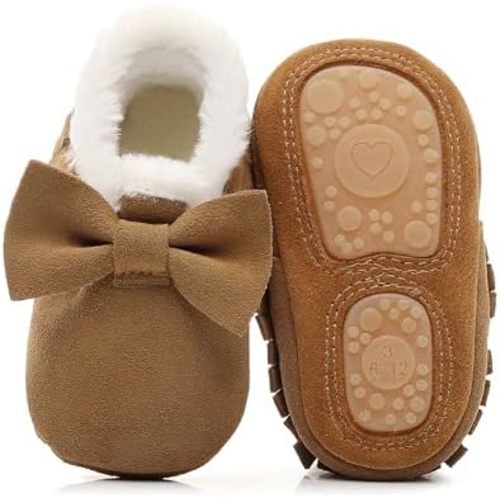 HONGTEYA Baby Moccasins with Fur Fleece Rubber Soles Warm Snow Boots Leather Baby Shoes for Boys Girls…