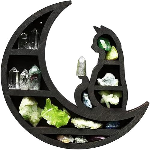 Faddare Wooden Moon Shelf, 1 Shelf, Rustic, Accent Shelf, Decorative Shelf, Black, 11.8x11.8x3cm, for Living Room, Dining Room, Bed Room, Jewelry, Crystals, Essential Oil