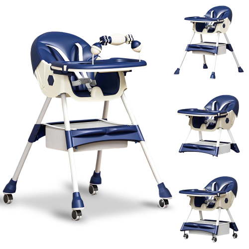 YUCHANG Foldable 4-in-1 Baby High Chair with Wheels for Infants & Toddlers (0-4 Years) Height Adjustable ,with 5-point Safety Belt(Blue)