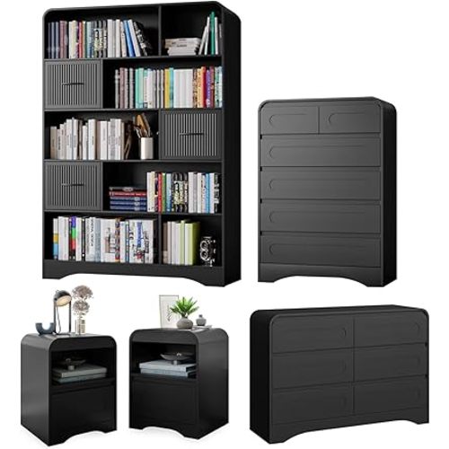 5 Piece Bedroom Sets, Modern Dresser and Nightstand Sets & Bookshelf with Safe Curved Design, Including Tall Bookshelf High & Wide 6 Drawer Dressers and Night Stand Set of 2 for Bedroom, Black