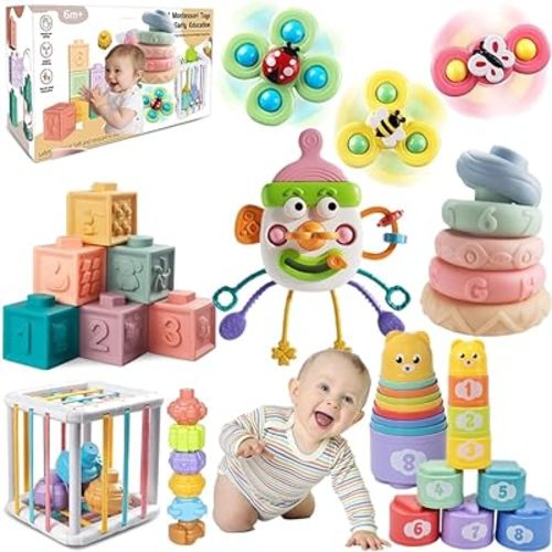 Baby Toys 6-12 Months, Montessori Toys for Toddlers 1-3 Year Old, Busy Cube Teether Infants Bath 6 in 1 Stacking Blocks Rings, Suction Cup Spinner, Shape Bin Sensory (0035)