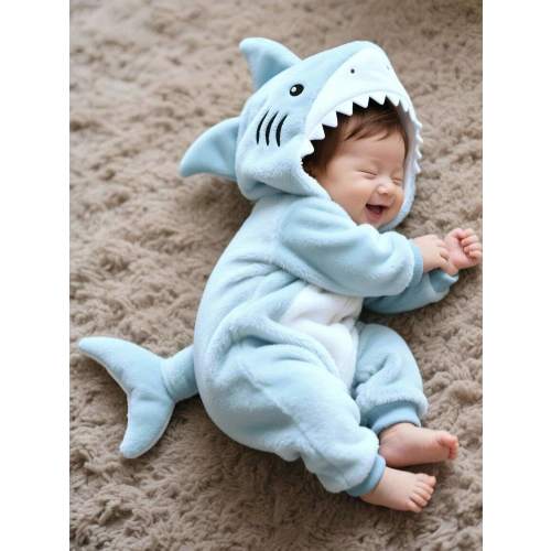 SHEIN Newborn Shark Shaped Outfit, Cute Plush Shark Shaped 3D Hat, Embroidered Shark Face, Long Sleeve Jumpsuit For Baby | SHEIN USA