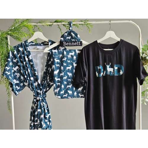 Organic Maternity Robe Swaddle Set: Personalized Hat, Matching Dad Shirt